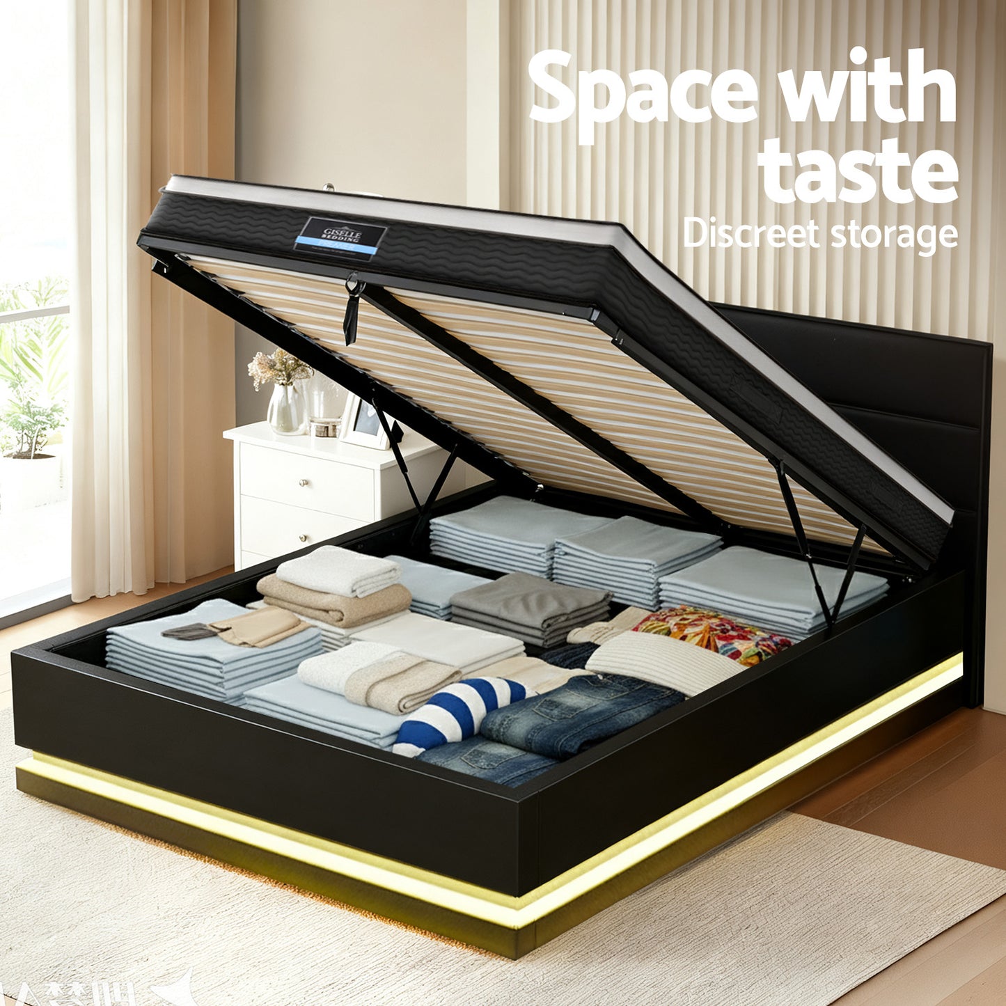 Artiss RGB LED Queen Bed Frame with 32cm Giselle Mattress Set