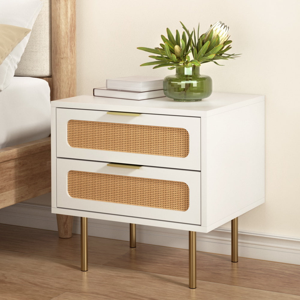 Artiss Rattan Bedside Table 2 Drawers Pine