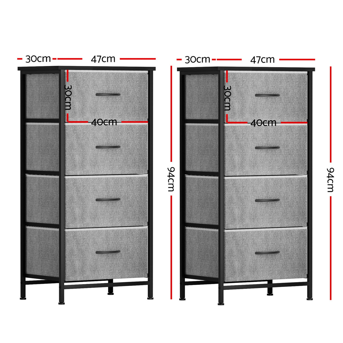 Artiss Set of 2 Chest of 4 Drawers Storage Dresser Tallboy Grey