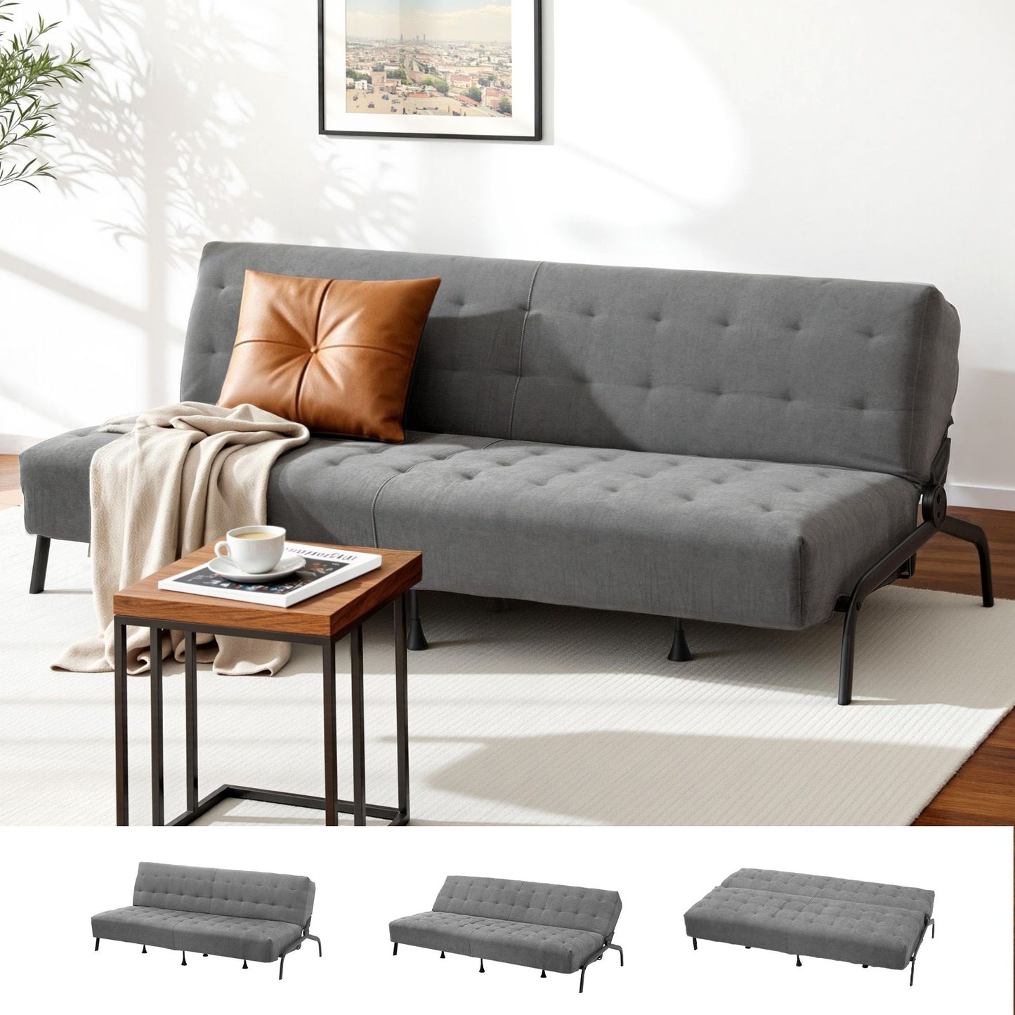 Artiss Sofa Bed, 1.9m 3-Seater Soft Innerspring Adjustable Couch Futon Chair for Apartment Dorm Living Room Office Study Bedroom, Grey