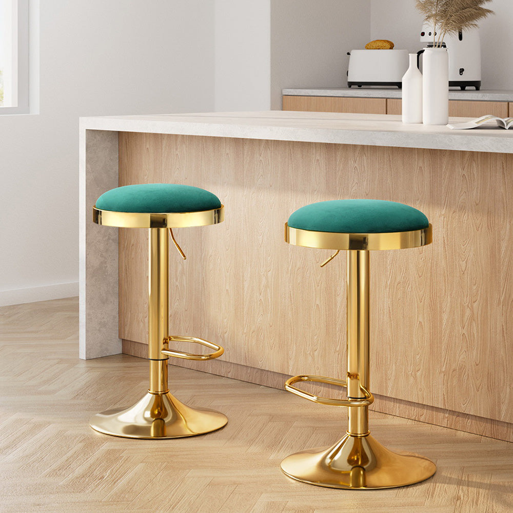 2x Artiss Bar Stools Kitchen Dining Chairs Velvet Padded Stool Green
