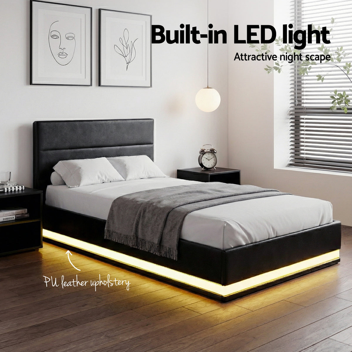 Artiss Bed Frame King Single Size LED Gas Lift Black LUMI