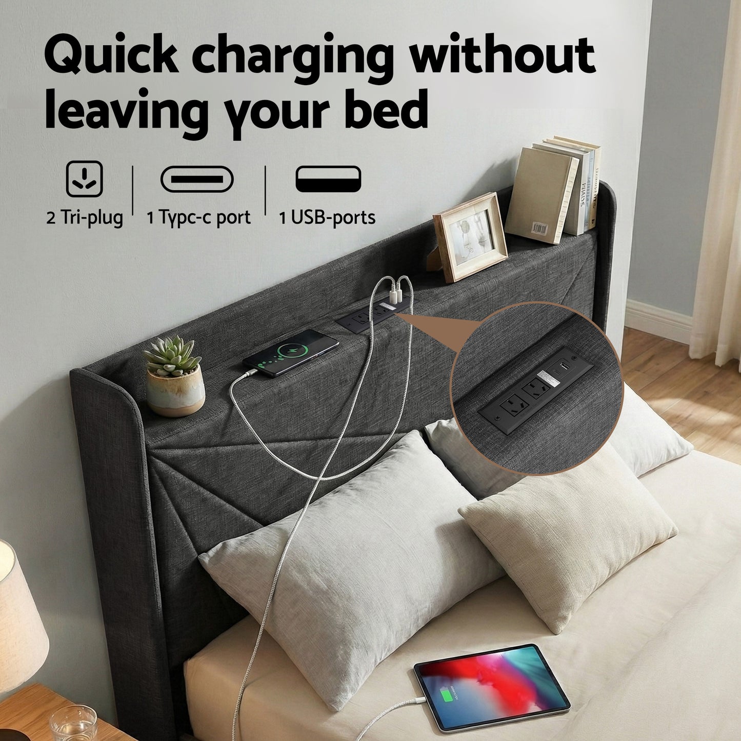 Artiss Double Bed Frame Gas Lift Storage Bed with Charging Ports Upholstered Geometric Headboard Charcoal Grey