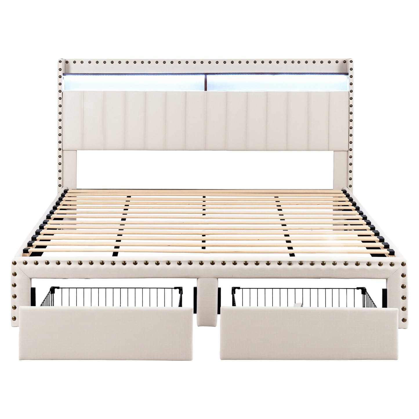 Artiss King Upholstered Bed Frame with Shelf Storage Drawers Charging Station Mood Lighting Linen
