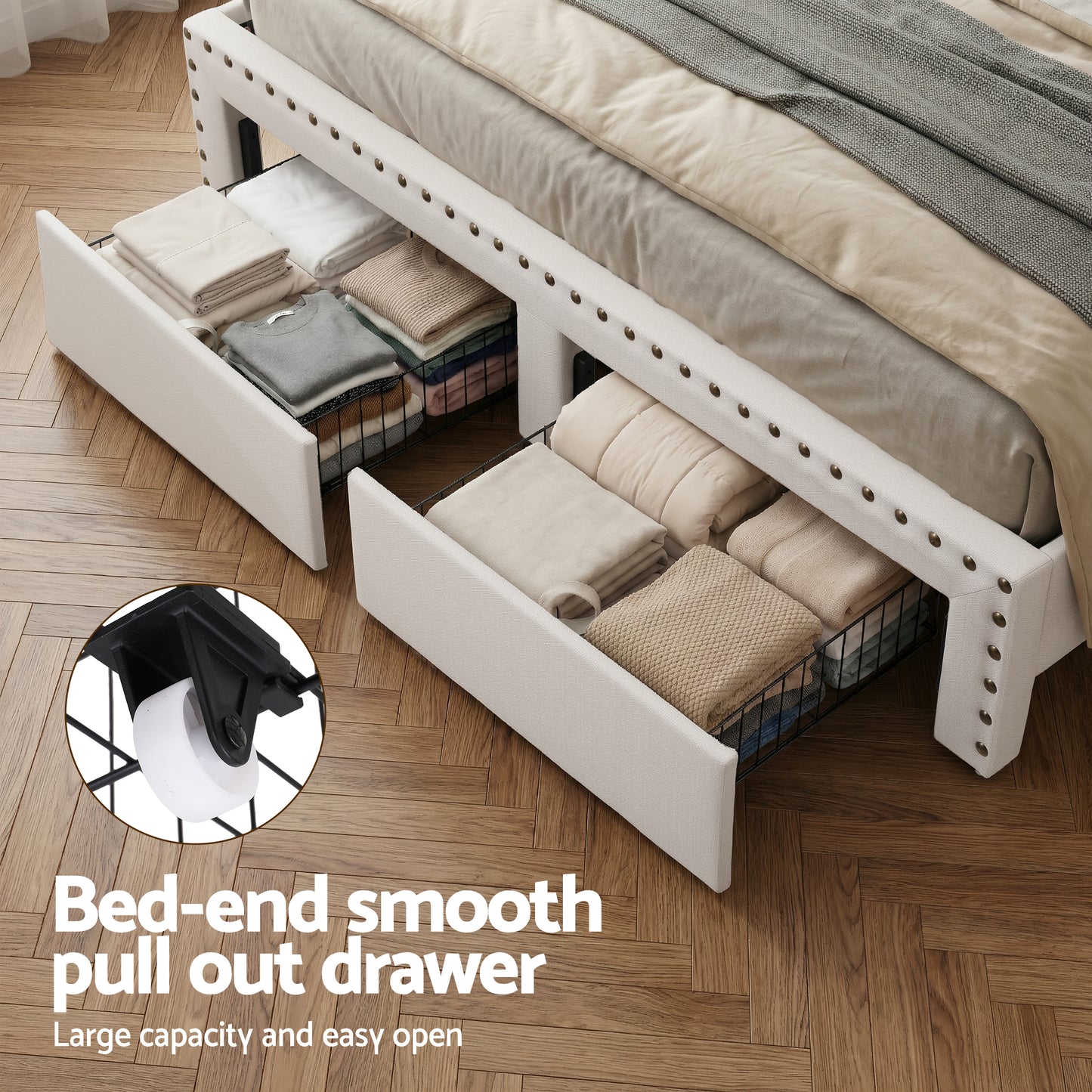 Artiss Queen Upholstered Bed Frame with Shelf Storage Drawers Charging Station Mood Lighting Linen