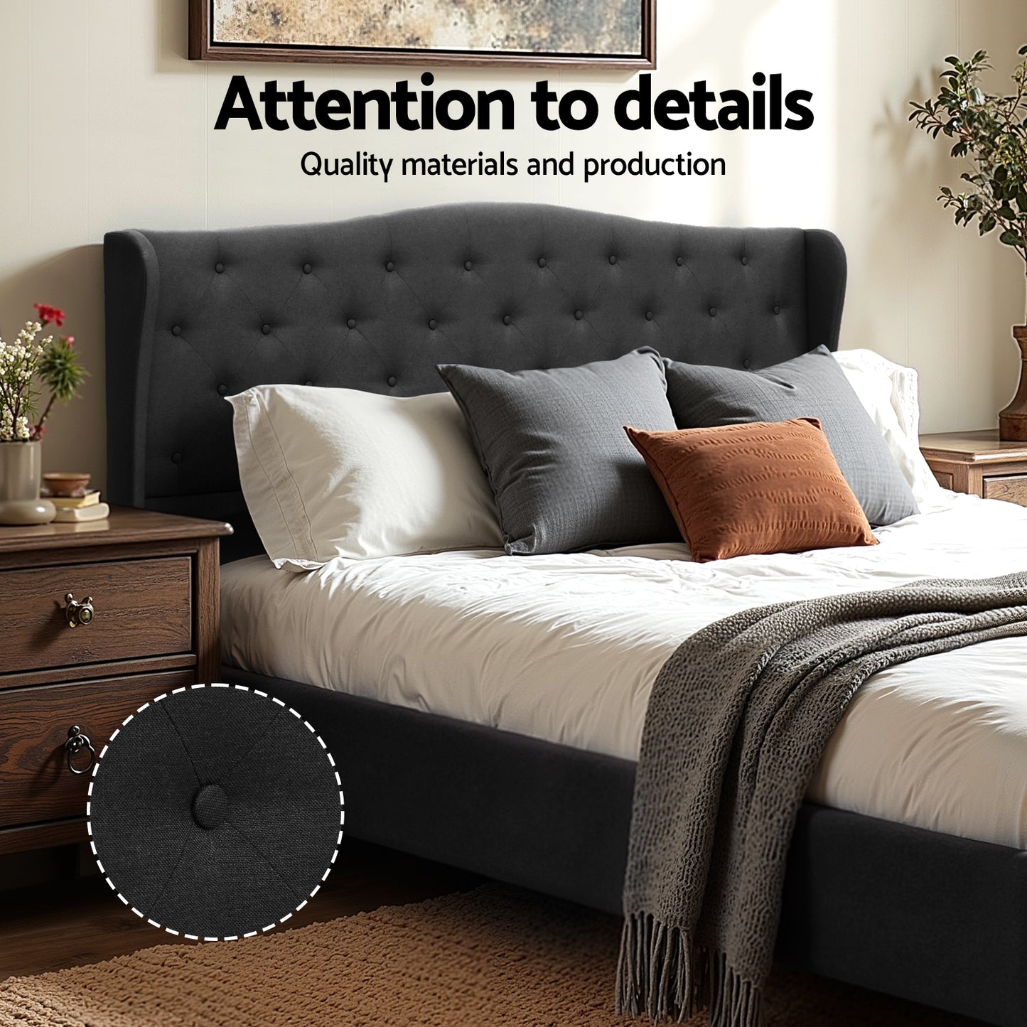 Artiss King Bed Frame Wingback Headboard Charcoal Grey Linen Upholstered Platform Bed Base