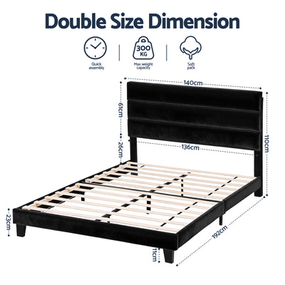 Artiss Double Bed Frame Upholstered Platform Base with Geometric Headboard Black Velvet