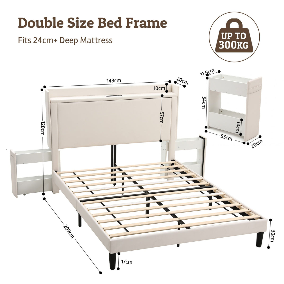 Artiss Double Bed Frame with USB Charging and Side Storage Shelves Beige