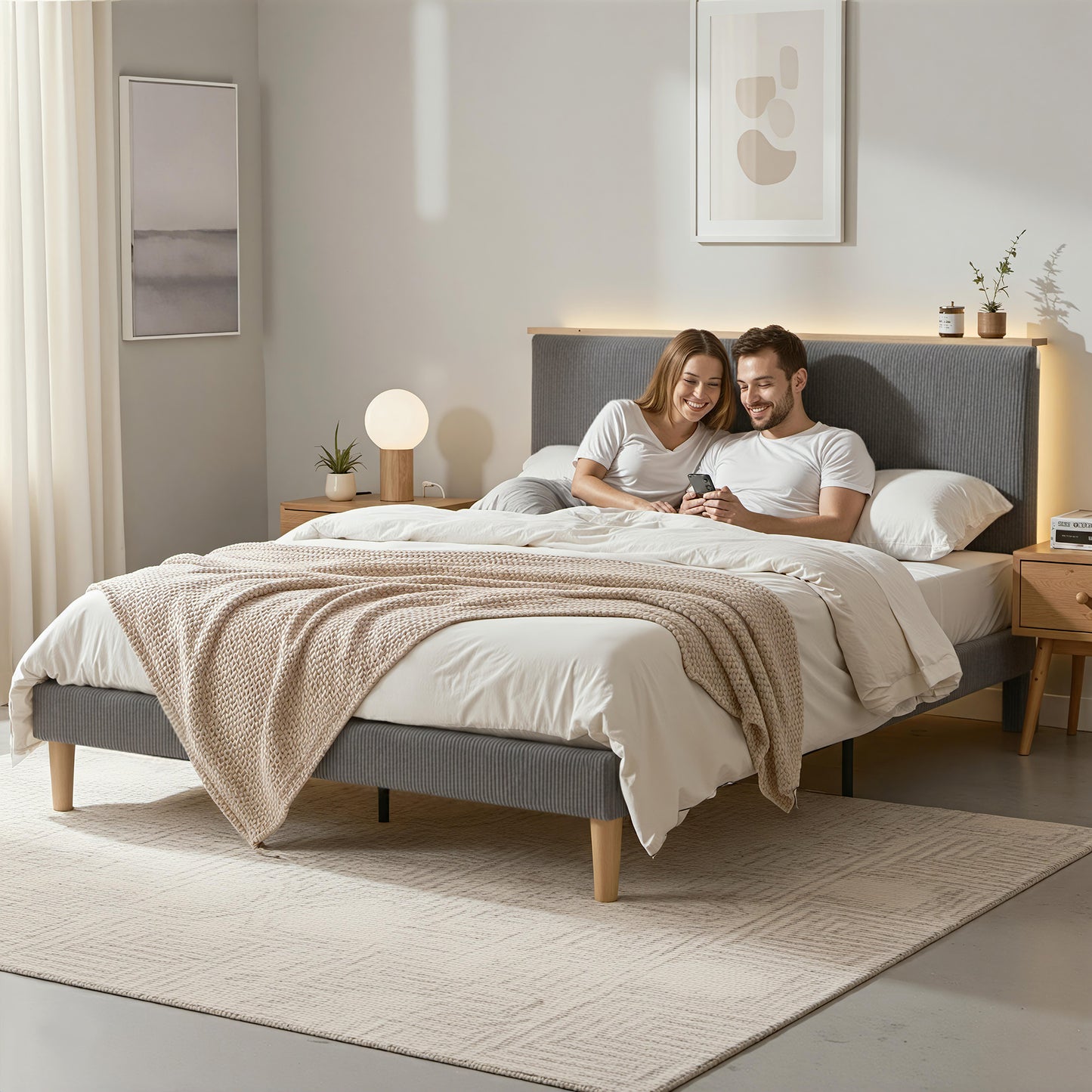 Artiss Double Bed Frame Upholstered Adjustable Headboard Mood Lighting Heavy Duty Grey Velvet