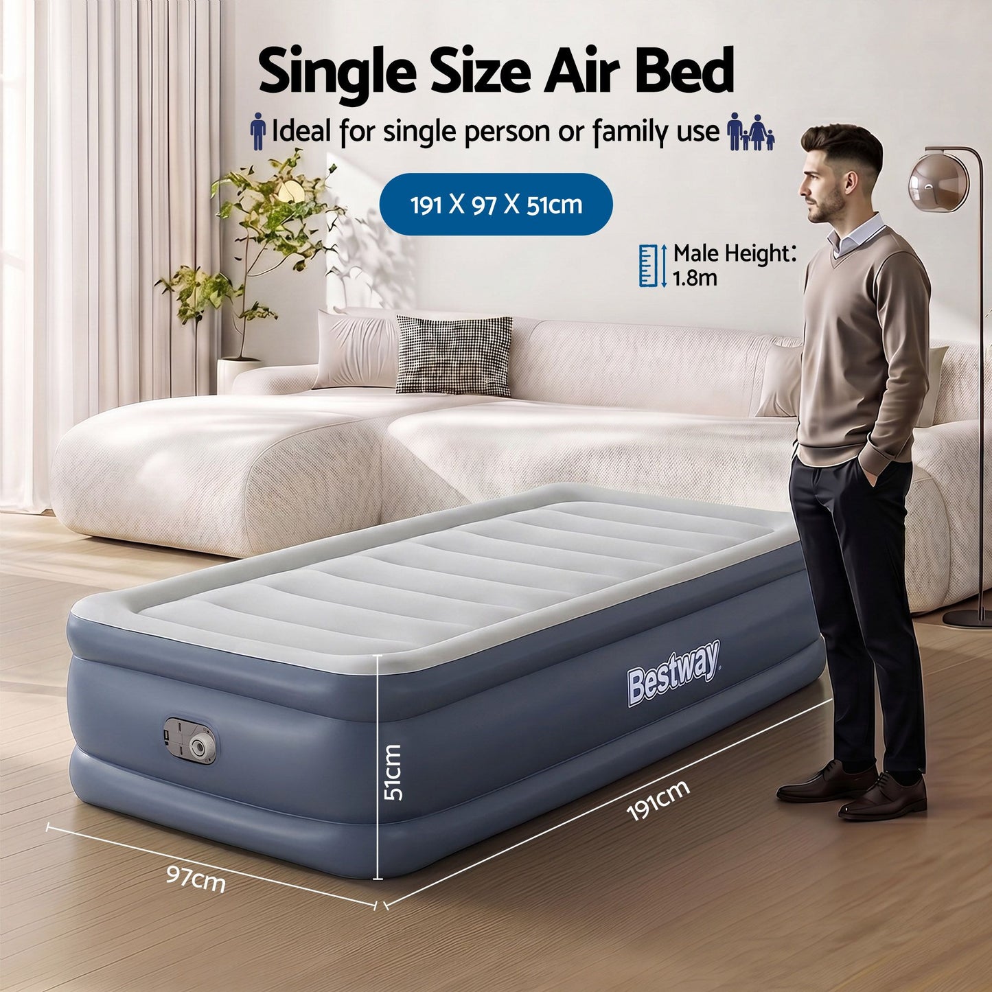 Bestway Single Air Mattress with Built-in Pump Tritech Inflatable Bed 51cm