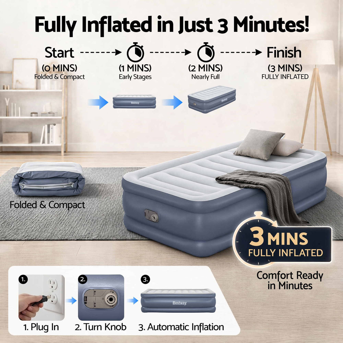 Bestway Single Air Mattress with Built-in Pump Tritech Inflatable Bed 51cm