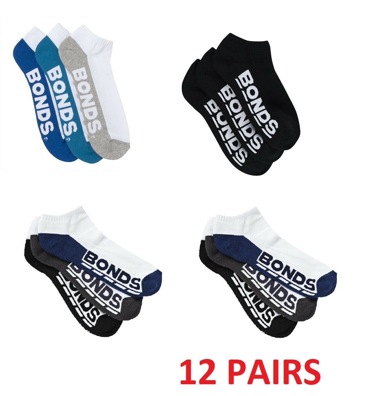 Bonds 12 Pairs Low Cut Mens Socks Sports Running Gym Sock Black White