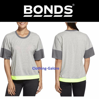 Bonds Womens Short Sleeve Rib Panel Tee Grey Lime Casual Tshirt Gym Size S M L