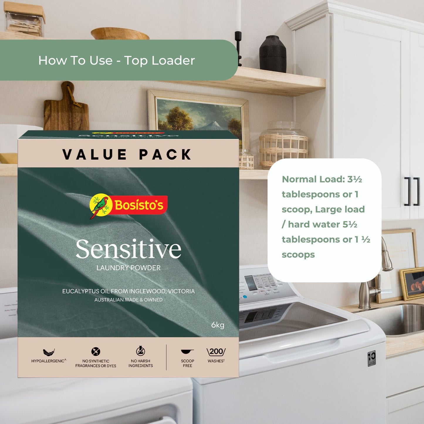 Bosisto's 6Kg Senstive Laundry Powder Refill - Eco Eucalyptus Washing Detergent