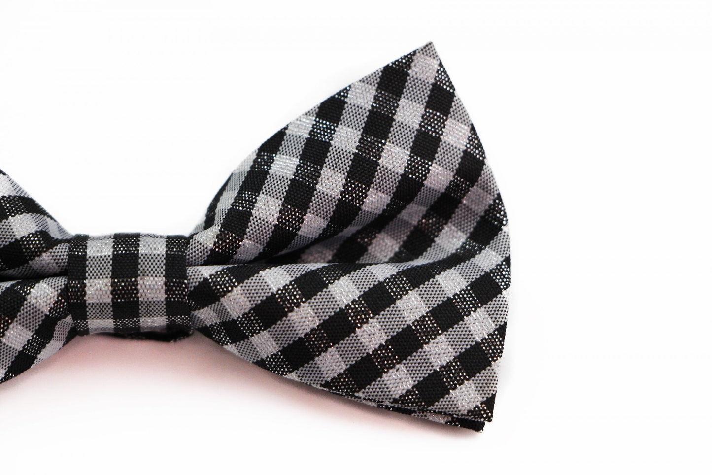 Boys Ivory, Black & Silver Tinsel Checkered Patterned Cotton Bow Tie