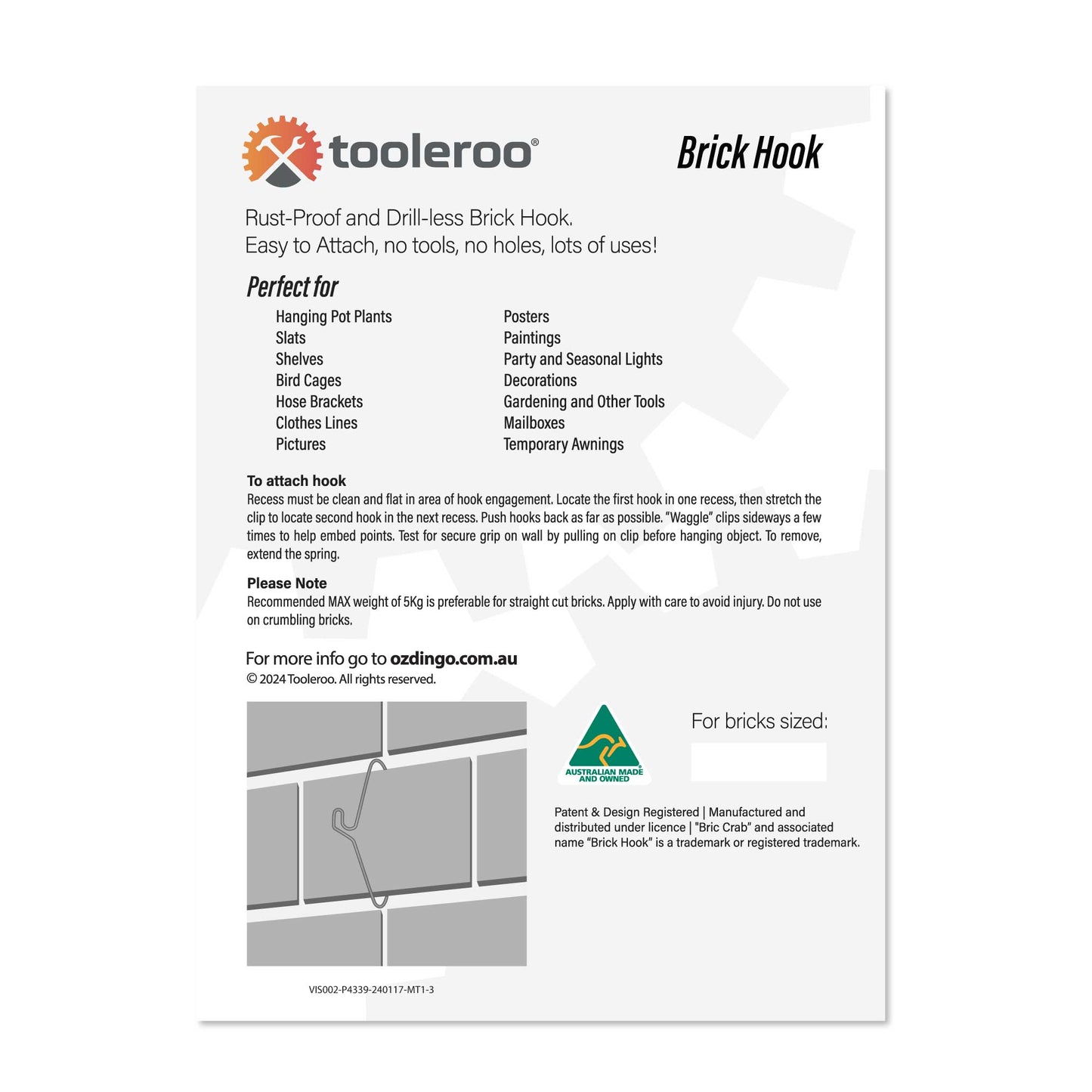 Brick Hook Hanger - Wall Crab Clip For Pictures Pot Plants