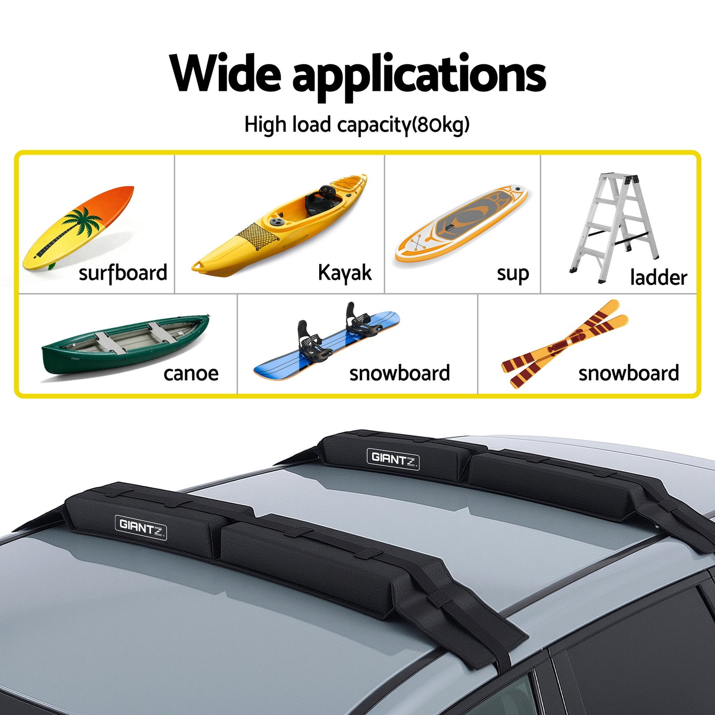 GIANTZ Kayak Roof Rack for Car, Universal Soft Roof Rack Pads for Surfboard SUP Canoe, Roof Bars for SUV Sedan without Side Rails, Portable Cross Bars with 4.5m Tie Down Straps & Ropes, 80kg Capacity