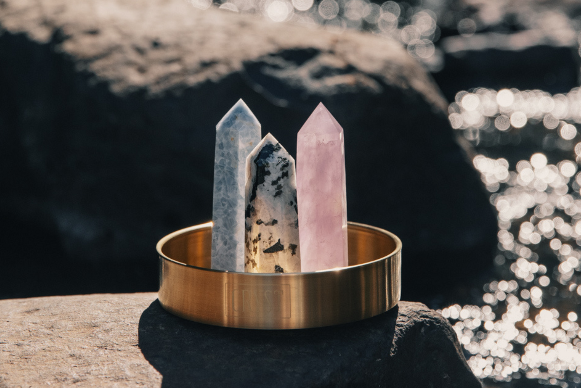 Cancer Crystal Trio - Rainbow Moonstone, Blue Calcite + Amethyst