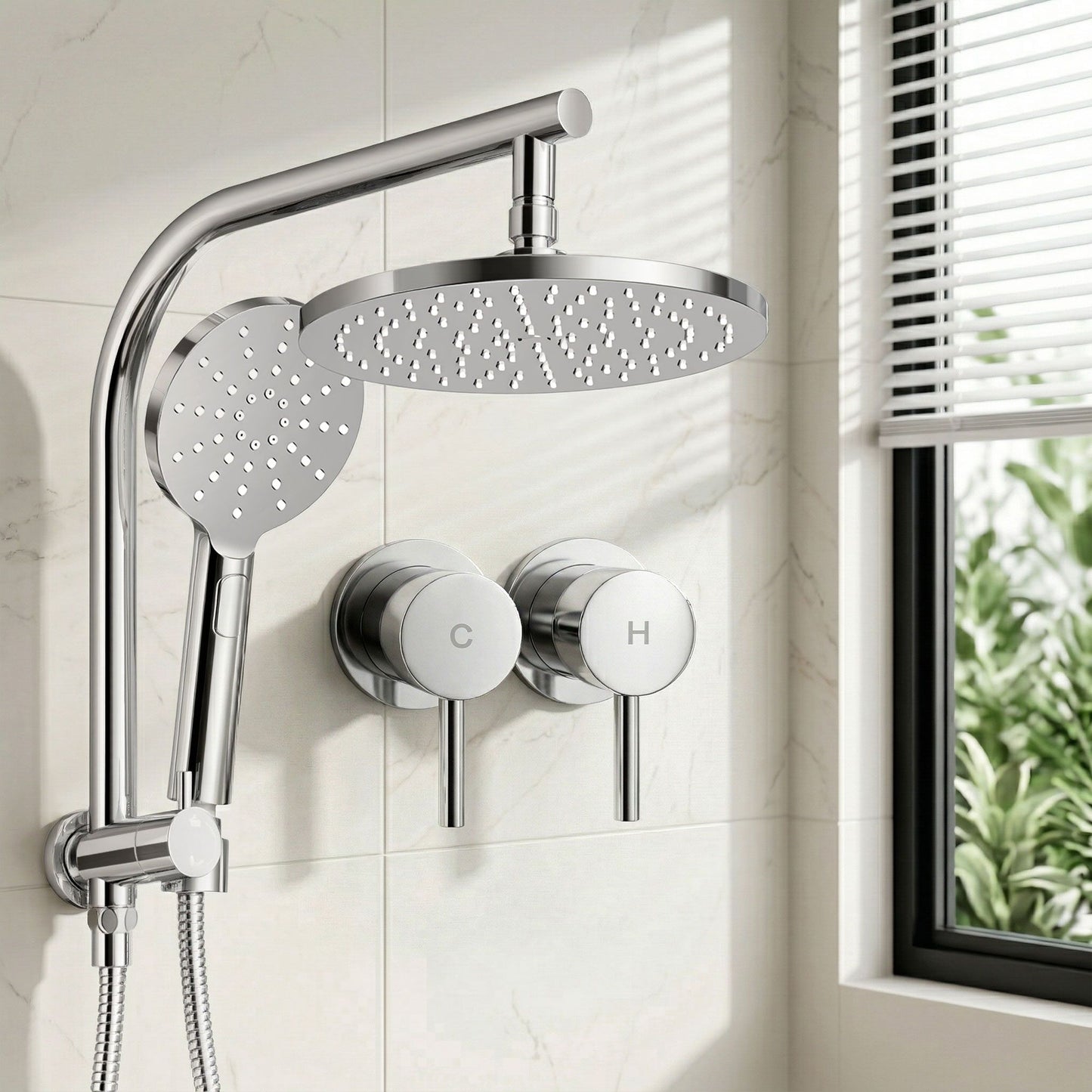 Cefito 9'' Rain Shower Head Set Handheld Round High Pressure Twins Tap Chrome