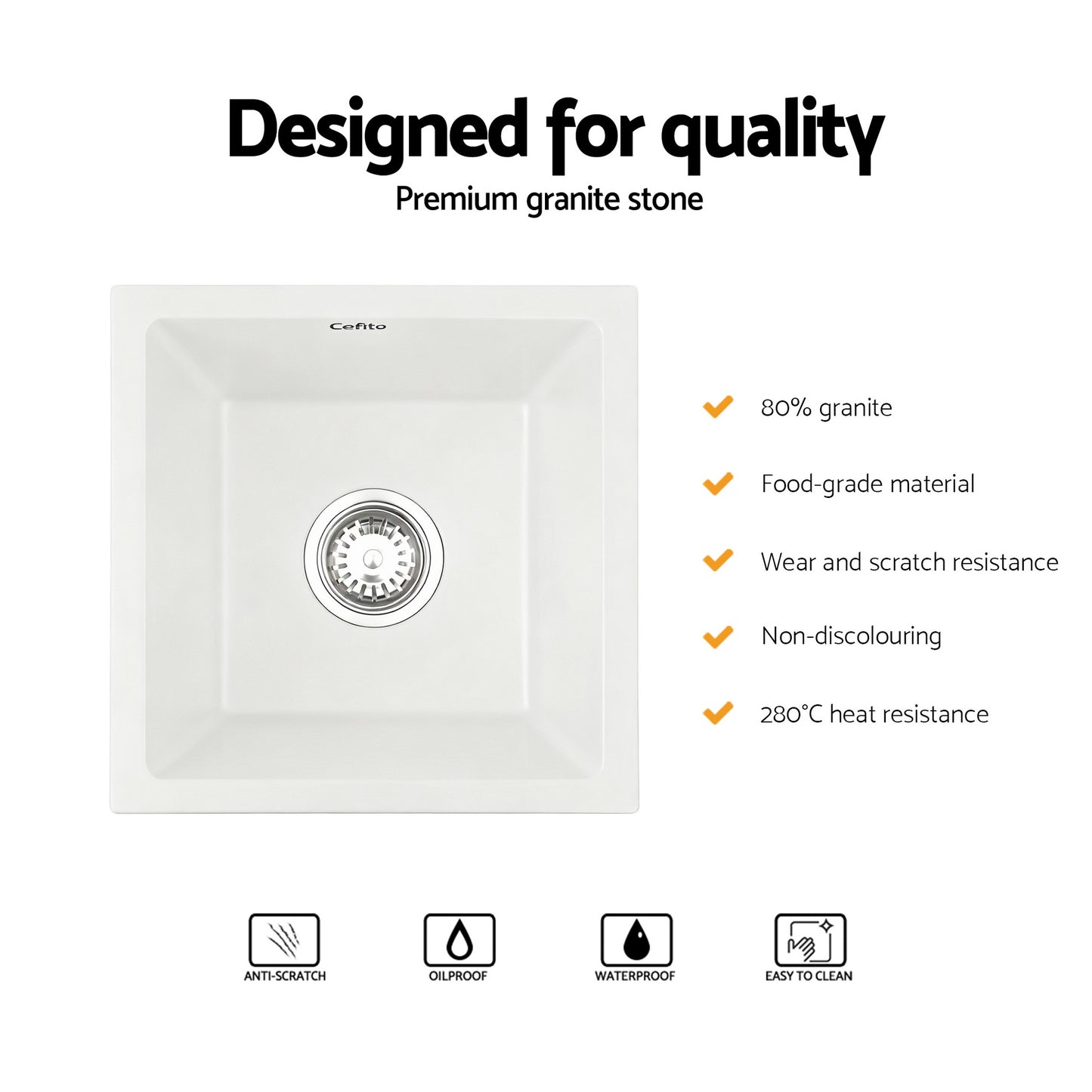 Cefito Kitchen Sink 38x38cm Granite Stone Sink Single Bowl White