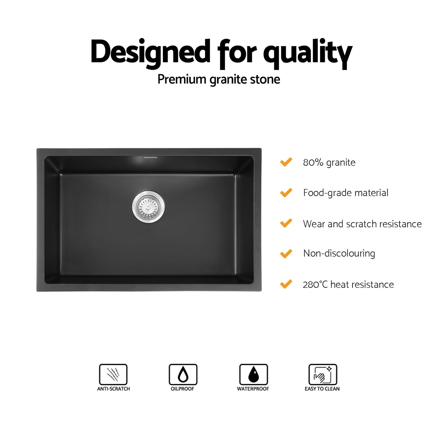 Cefito Kitchen Sink 70x45cm Granite Stone Sink Single Bowl Black