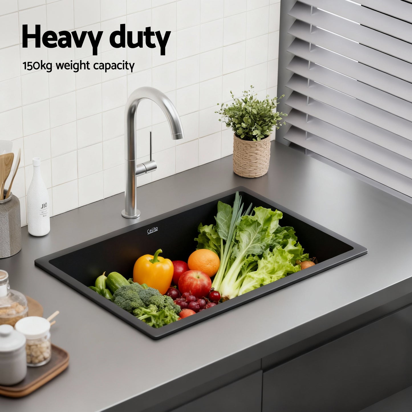 Cefito Kitchen Sink 70x45cm Granite Stone Sink Single Bowl Black