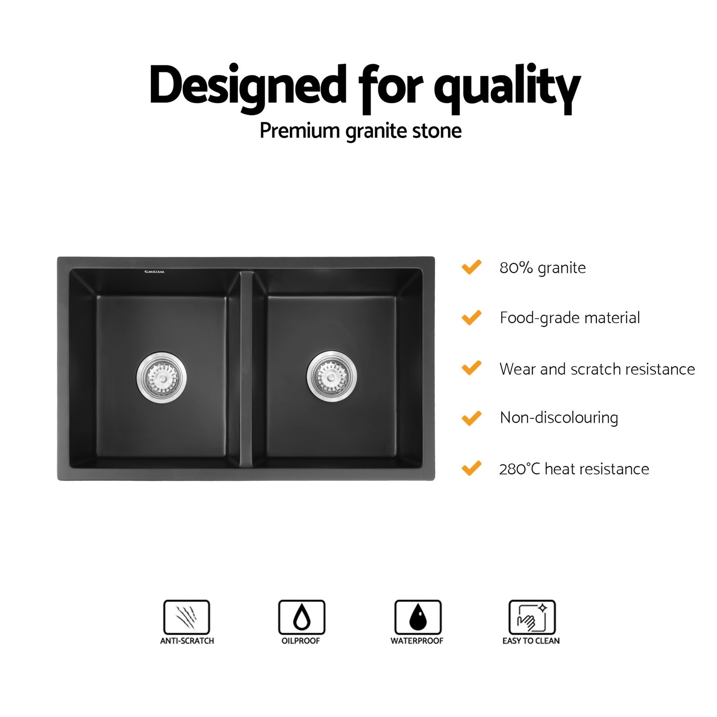 Cefito Kitchen Sink 77x45cm Granite Stone Sink Double Bowl Black