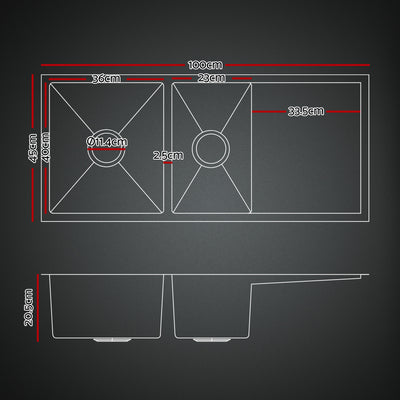 Cefito Stainless Steel Sink 100x45CM With Pull Out Mixer Tap Kitchen Basin Double Bowl Black