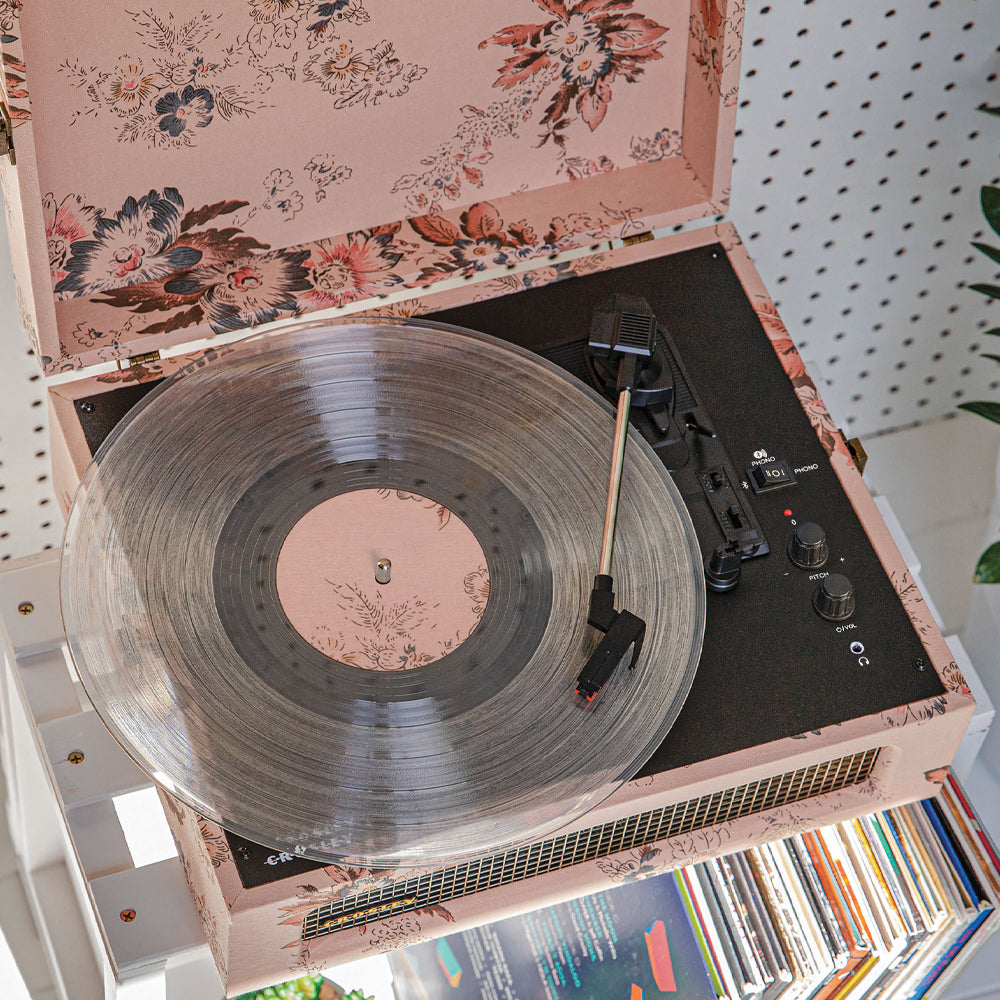 Crosley Voyager Bluetooth Portable Turntable - Floral + Bundled Record Storage Crate