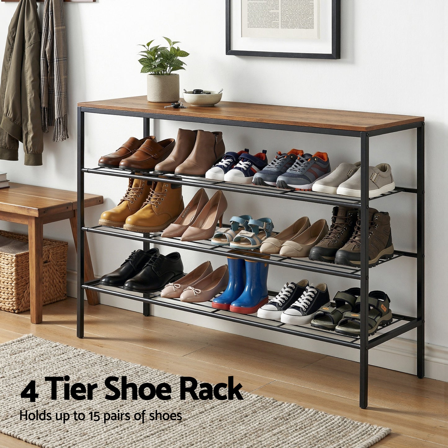 Artiss Shoe Rack 4 tier Storage Organiser Walnut