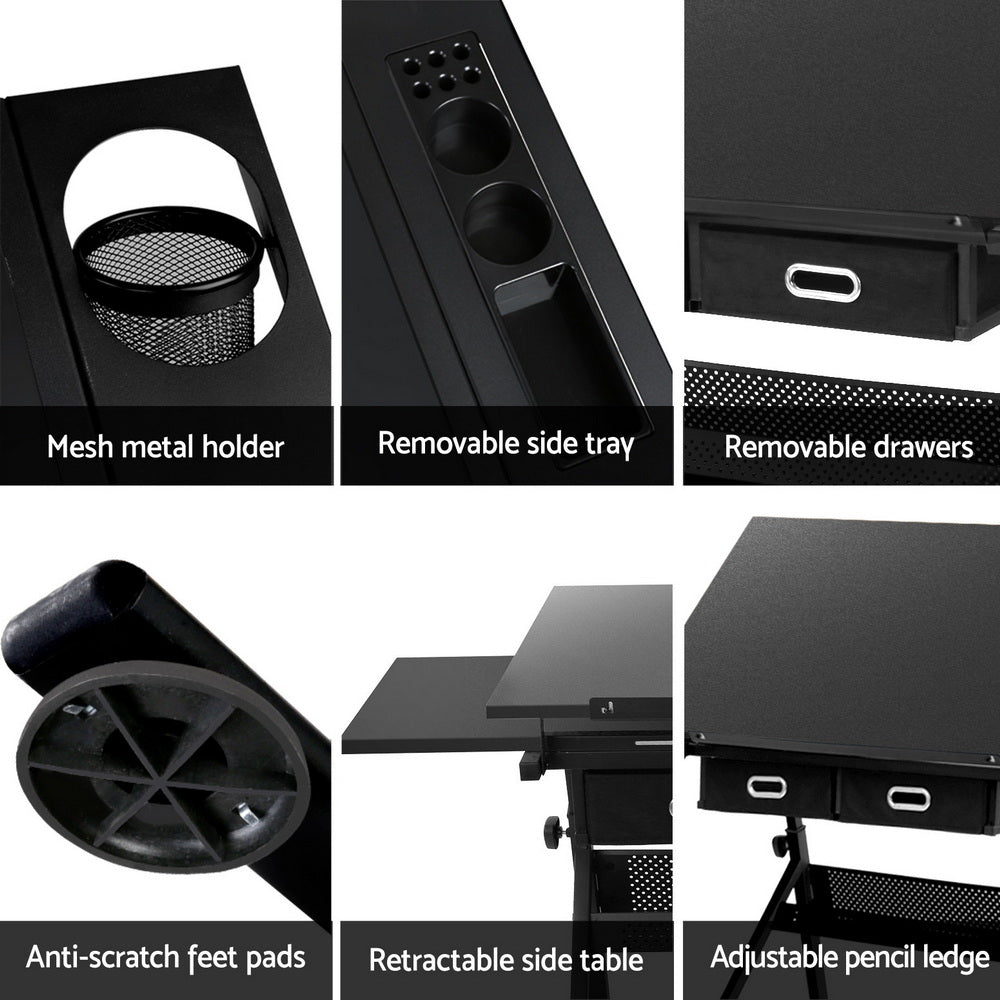 Artiss Drawing Desk Stool Set Drafting Table Adjustable Angle Tilt Drawers Black