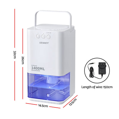 Devanti 1400ML Portable Dehumidifier Quiet Sleep Mode Timer Auto Off Bedroom White
