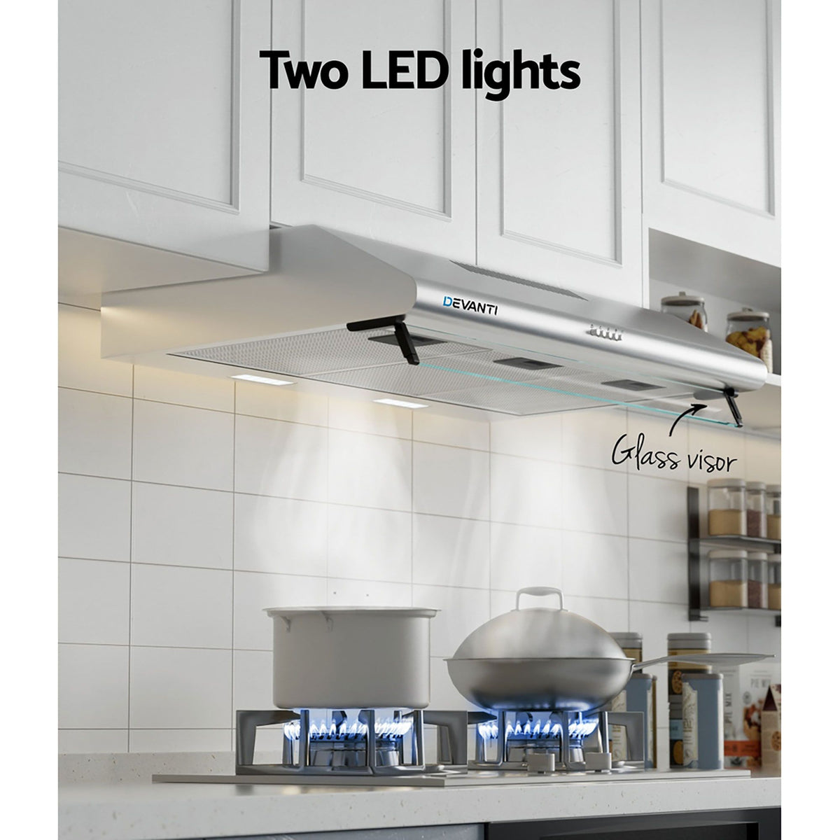 Devanti 900mm Range Hood 90cm Rangehoods Glass Visor Silver