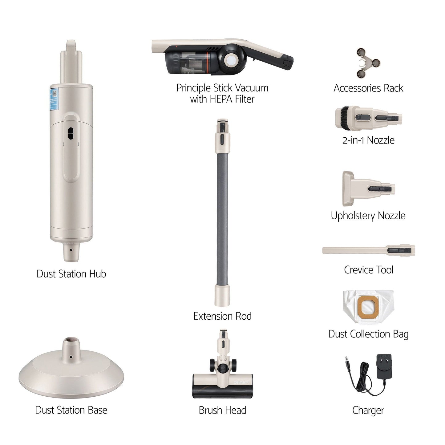 Devanti Cordless Vacuum Cleaner with Auto-Empty Dust Station, 18kPa Powerful Suction 1.05kg Lightweight 40Mins Runtime 3-Speed LED Floor Head Washable HEPA Filter Stick Vacuum, Oat