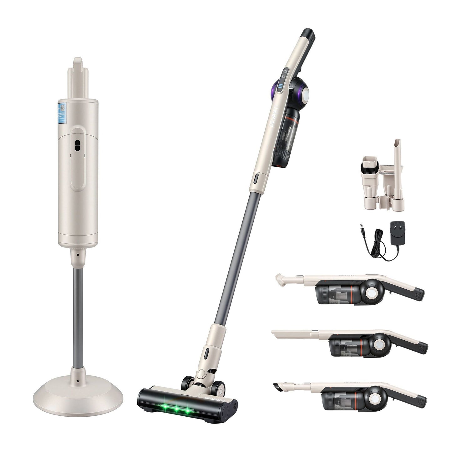 Devanti Cordless Vacuum Cleaner with Auto-Empty Dust Station, 18kPa Powerful Suction 1.05kg Lightweight 40Mins Runtime 3-Speed LED Floor Head Washable HEPA Filter Stick Vacuum, Oat