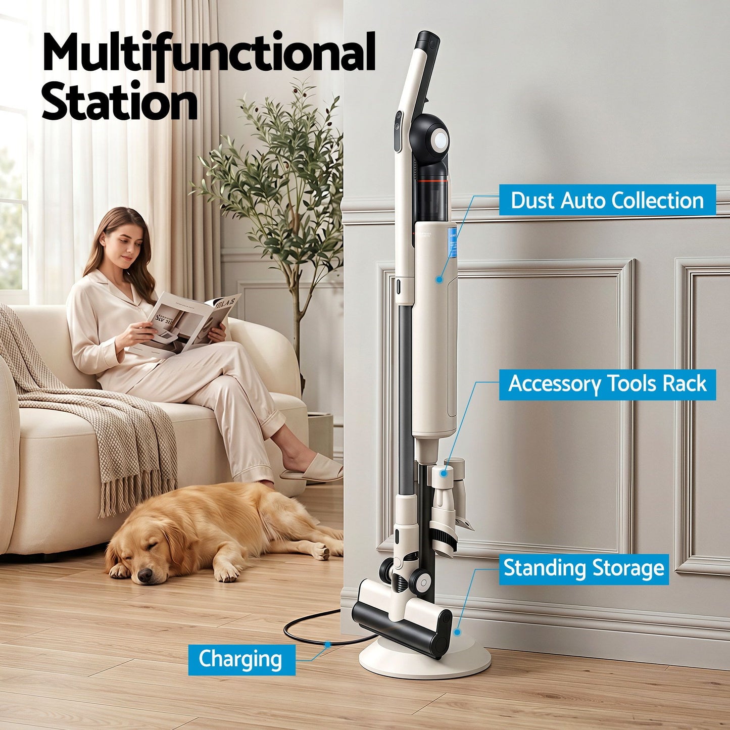 Devanti Cordless Vacuum Cleaner with Auto-Empty Dust Station, 18kPa Powerful Suction 1.05kg Lightweight 40Mins Runtime 3-Speed LED Floor Head Washable HEPA Filter Stick Vacuum, Oat