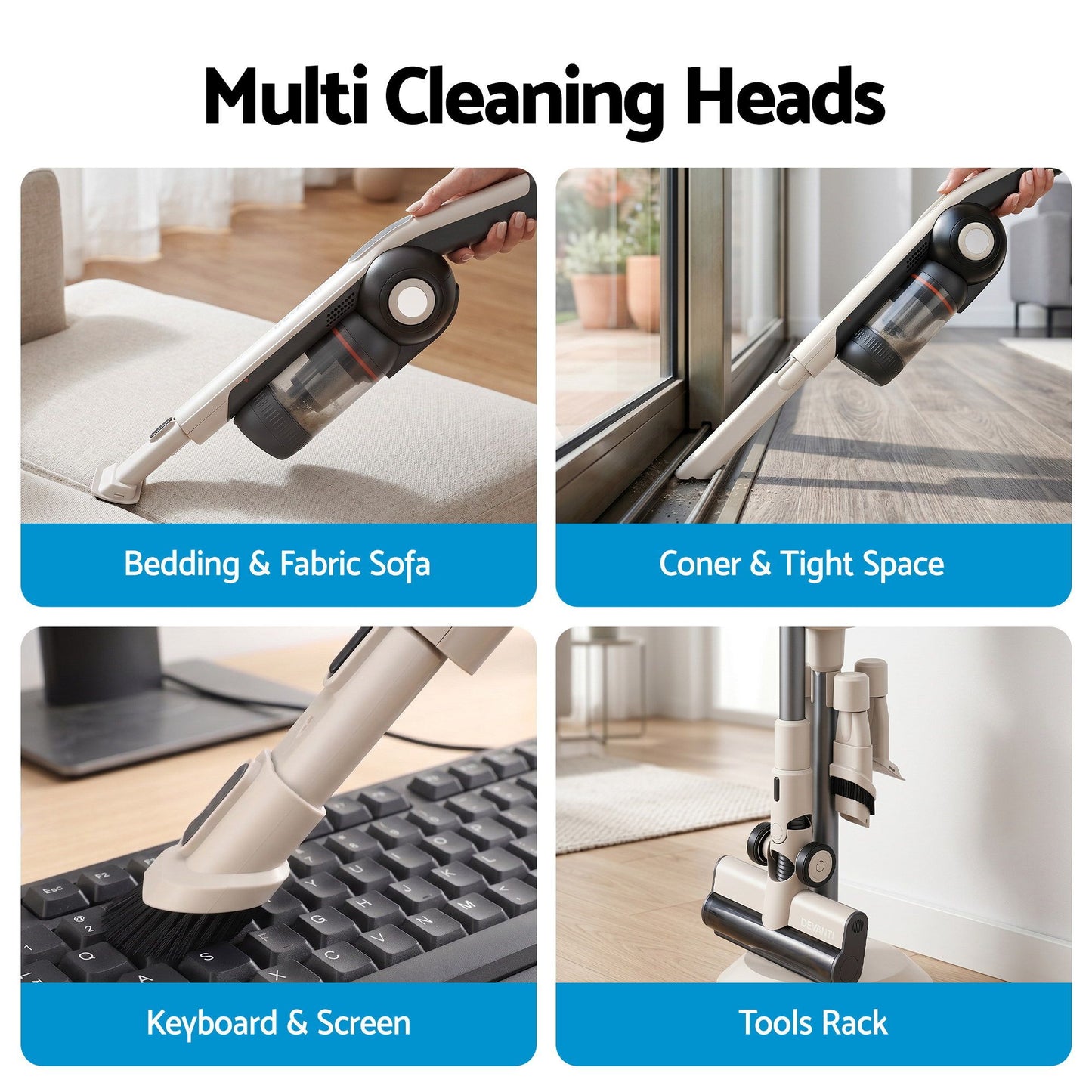 Devanti Cordless Vacuum Cleaner with Auto-Empty Dust Station, 18kPa Powerful Suction 1.05kg Lightweight 40Mins Runtime 3-Speed LED Floor Head Washable HEPA Filter Stick Vacuum, Oat
