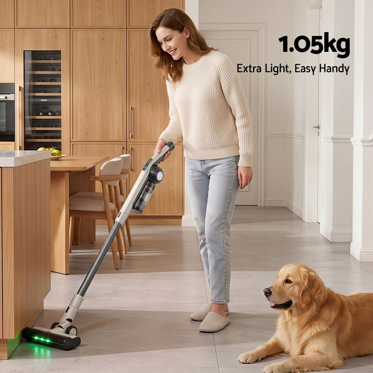 Devanti Cordless Vacuum Cleaner with Auto-Empty Dust Station, 18kPa Powerful Suction 1.05kg Lightweight 40Mins Runtime 3-Speed LED Floor Head Washable HEPA Filter Stick Vacuum, Oat