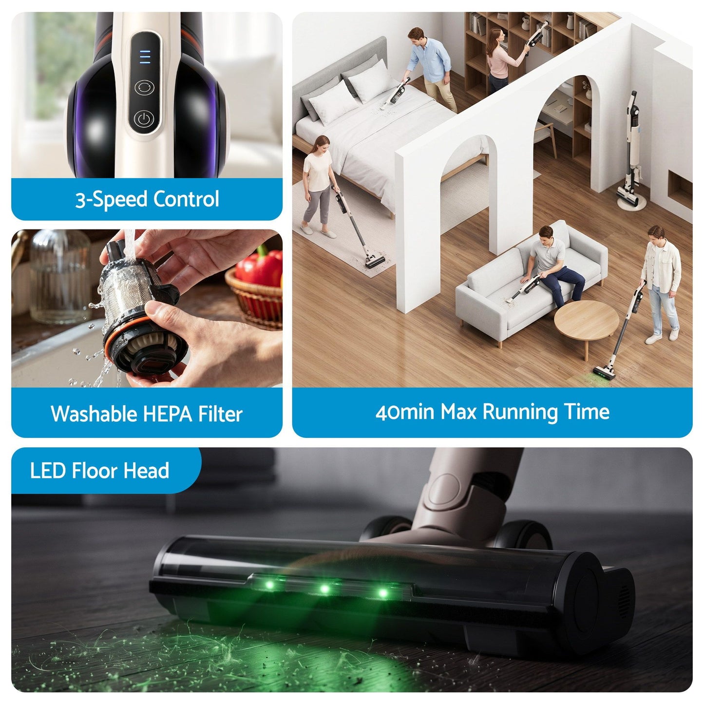 Devanti Cordless Vacuum Cleaner with Auto-Empty Dust Station, 18kPa Powerful Suction 1.05kg Lightweight 40Mins Runtime 3-Speed LED Floor Head Washable HEPA Filter Stick Vacuum, Oat
