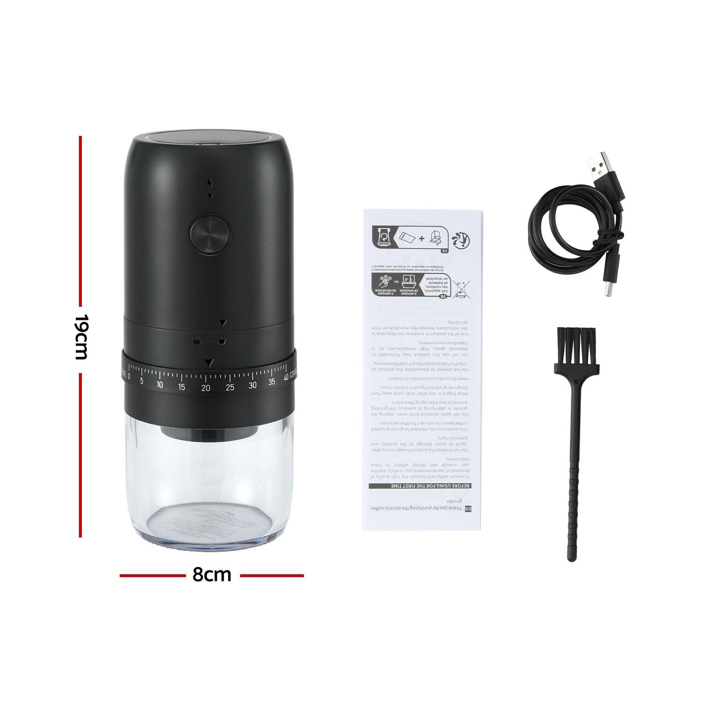 Devanti Electric Coffee Grinder USB-C Rechargeable Portable Coffee Bean Grinder with 40 Precise Grind Settings | Automatic Spice Nut Pepper Grinder Mill with Cleaning Brush & Ground Coffee Container for Home Office Camping Travel, Black