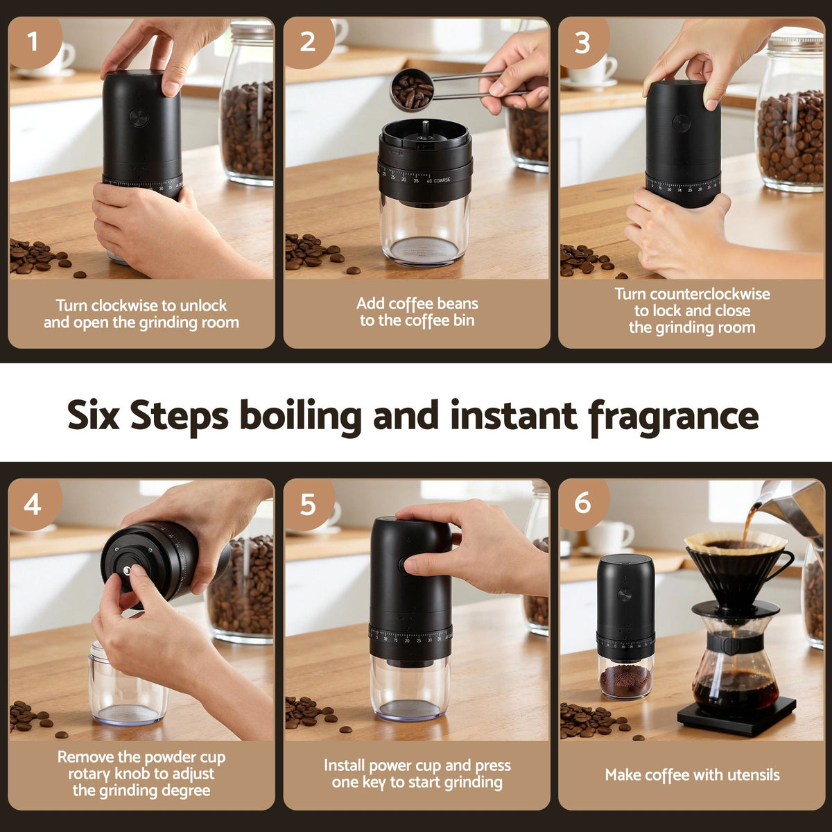 Devanti Electric Coffee Grinder USB-C Rechargeable Portable Coffee Bean Grinder with 40 Precise Grind Settings | Automatic Spice Nut Pepper Grinder Mill with Cleaning Brush & Ground Coffee Container for Home Office Camping Travel, Black