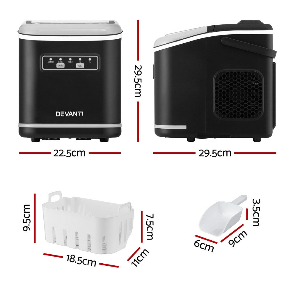 Devanti Ice Maker Machine Portable 12kg Countertop w/Self Cleaning 1.3L Black
