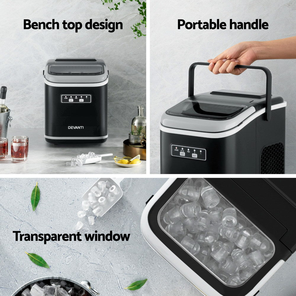 Devanti Ice Maker Machine Portable 12kg Countertop w/Self Cleaning 1.3L Black