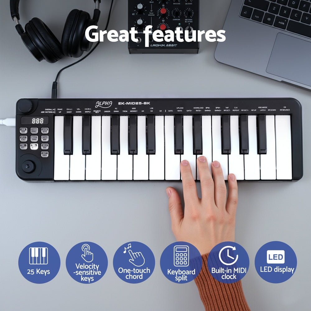 Alpha 25-Key MIDI Keyboard Controller Portable USB Laptop Black