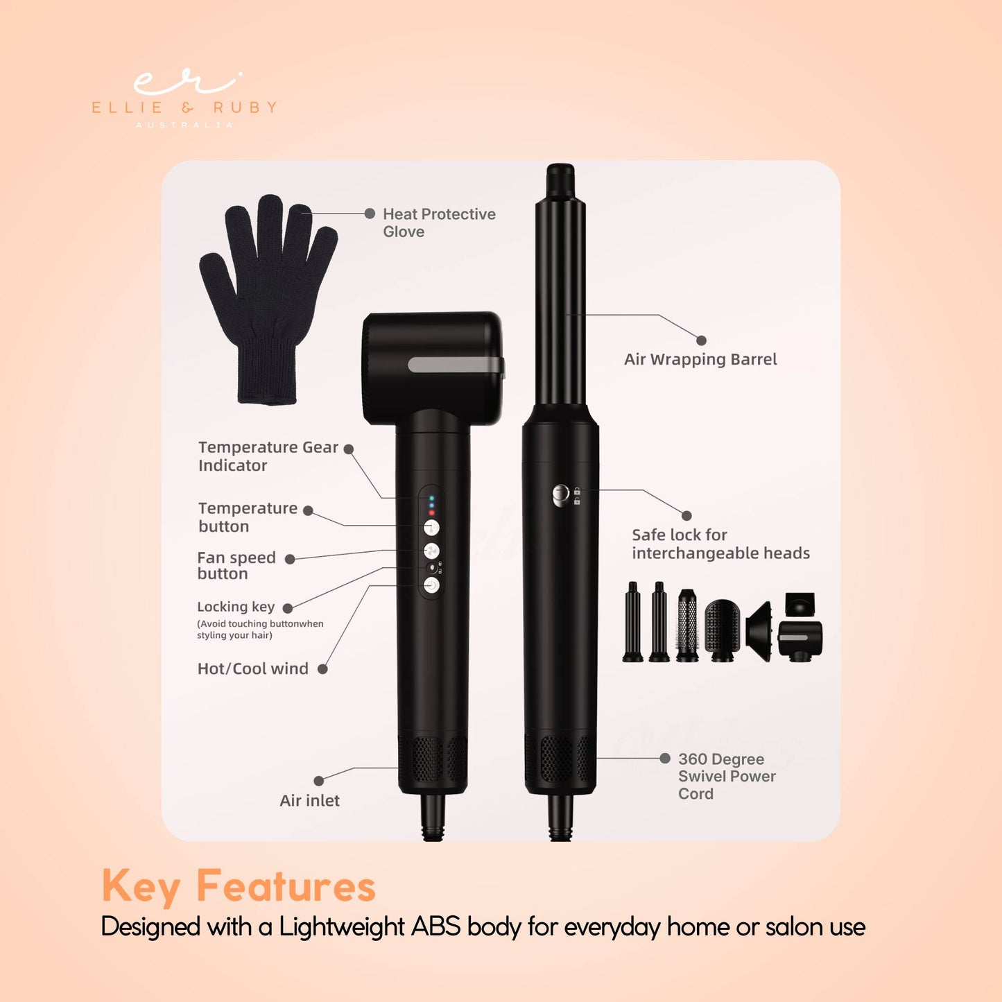 Ellie & Ruby 7-in-1 Hot Air Hair Styler Dryer Brush Curler Black 1400W