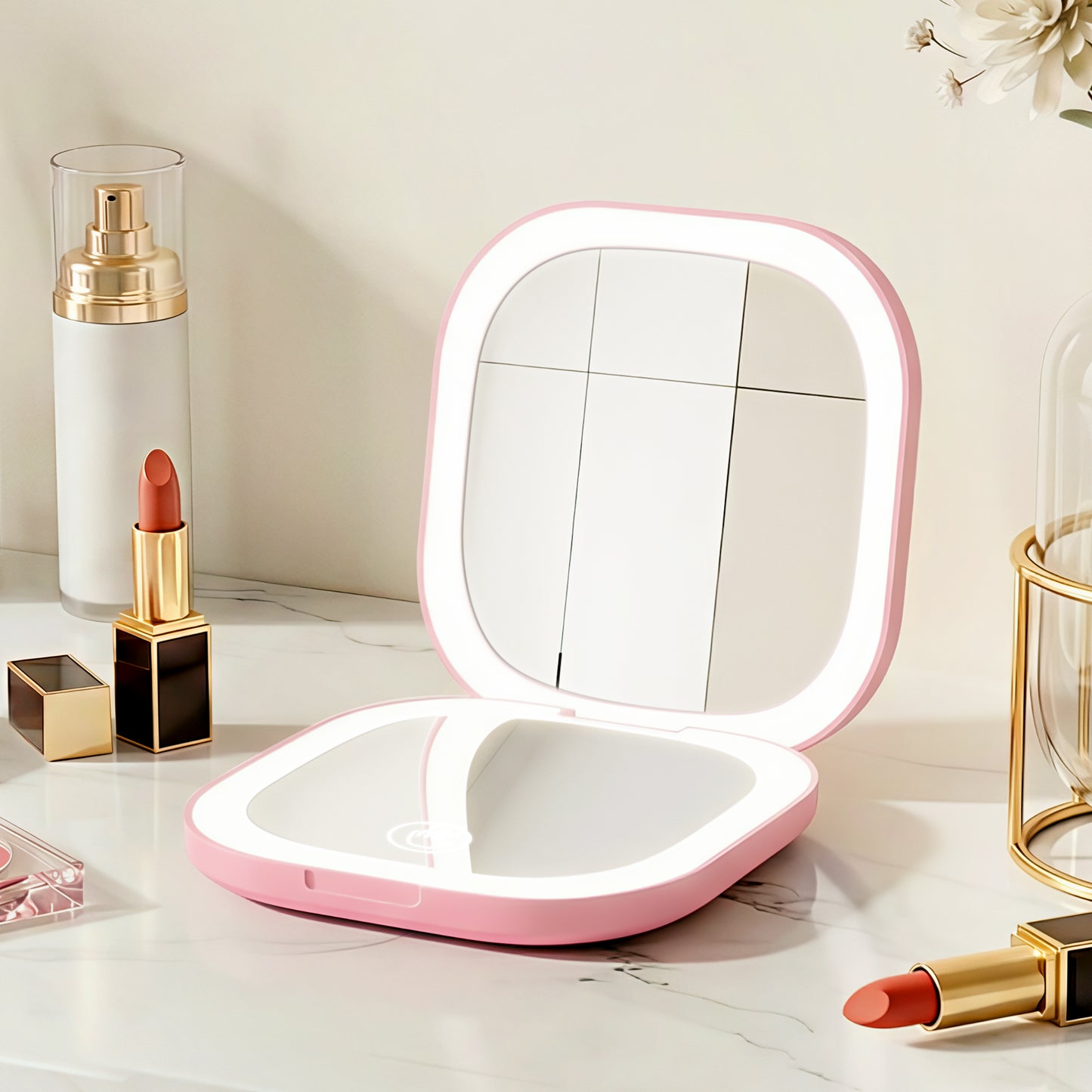 Embellir LED Compact Mirror Lighted Travel Makeup Mirror Pocket-Sized 1x 10x Magnification Square Pink