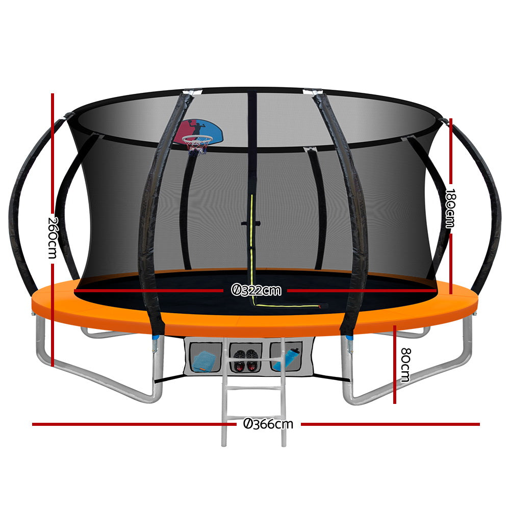 Everfit 12FT Trampoline for Kids w/ Ladder Trampoline Enclosure Safety Net Rebounder Orange