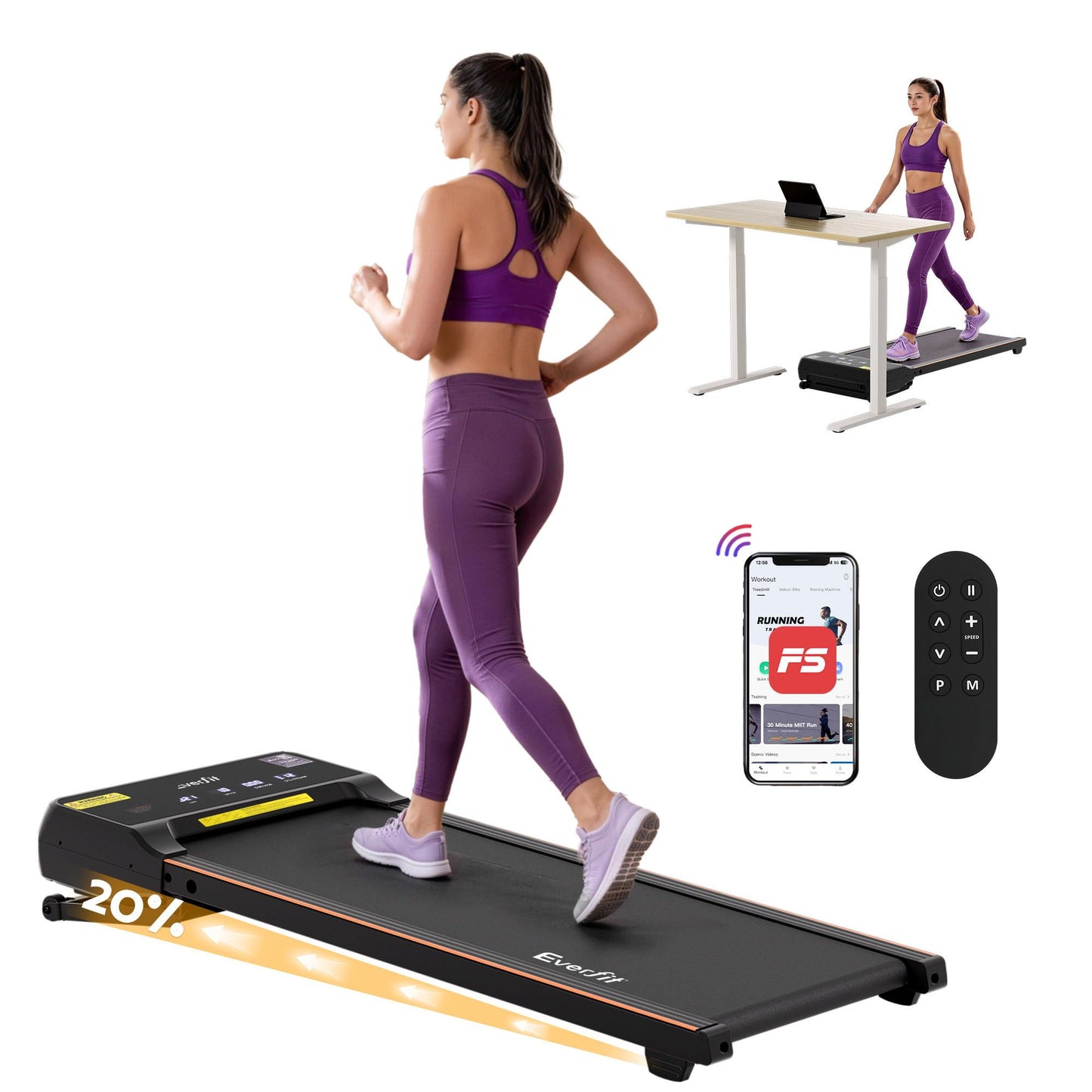 Everfit 3 in 1 Walking Pad Treadmill 20% Auto Incline Under Desk Treadmills for Home Gym With 40cm Wide Belt