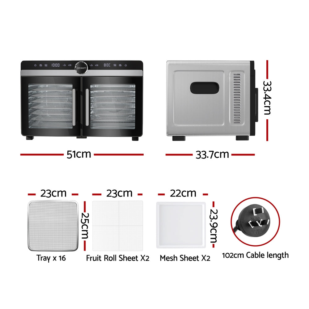 Devanti 16 Trays Food Dehydrator Dual-Zone Stainless Steel