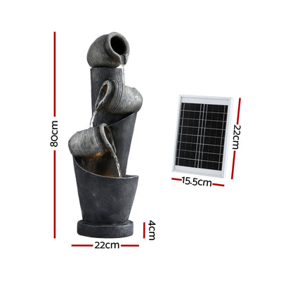 Gardeon Solar Fountain Water Feature Cascading Fountain 3-Tier Pot LED Lights 80CM Grey